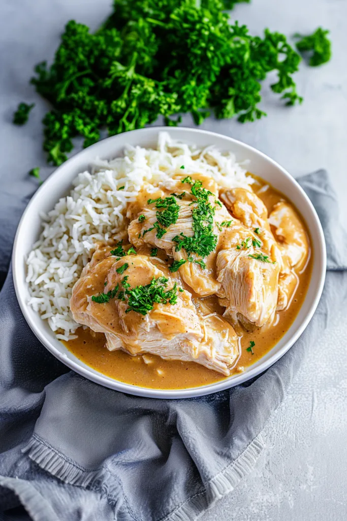 Tender shredded chicken served with creamy homemade gravy over fluffy white rice and broccoli.