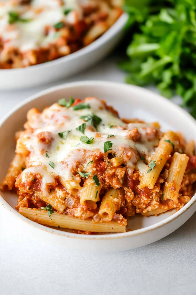 Savory baked pasta dish with gooey cheese and seasoned meat sauce ๐