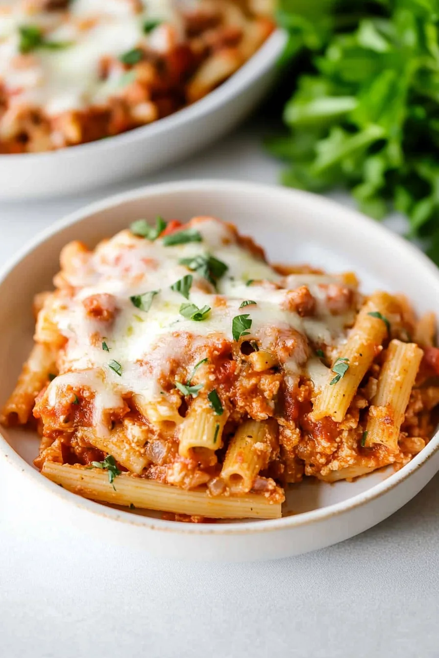Savory baked pasta dish with gooey cheese and seasoned meat sauce ๐