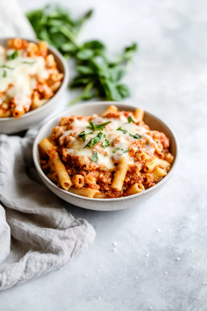 Creamy rigatoni pasta baked with rich tomato meat sauce