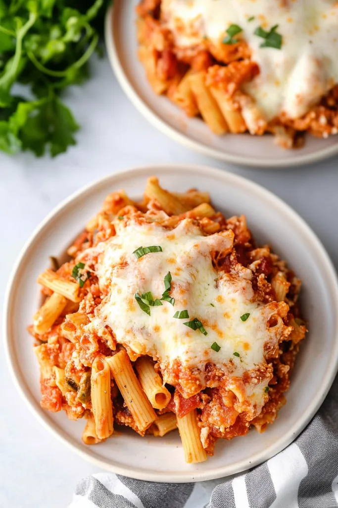 Comfort food dinner with melted mozzarella and hearty pasta layers