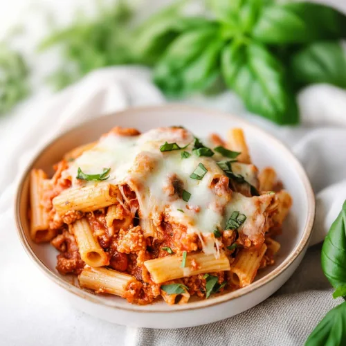 Cheesy pasta casserole served warm with fresh parsley on top