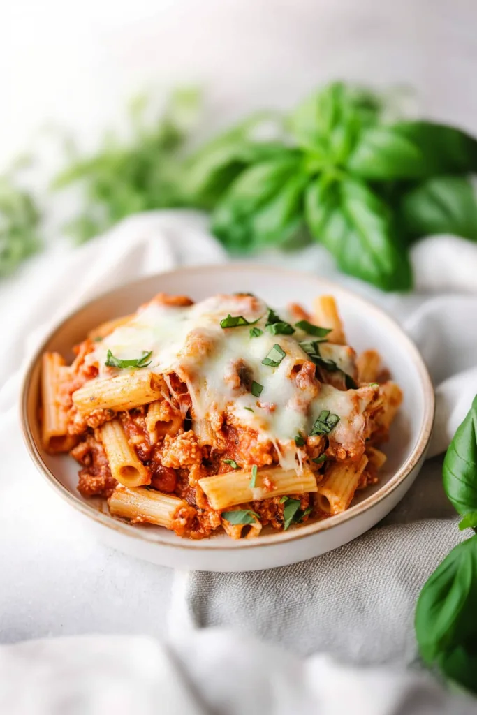 Cheesy pasta casserole served warm with fresh parsley on top