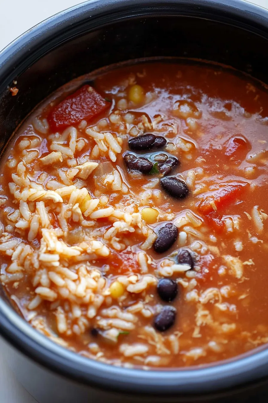 Warm stew-like burrito bowl with beans, rice, and fresh garnish for a rustic presentation.