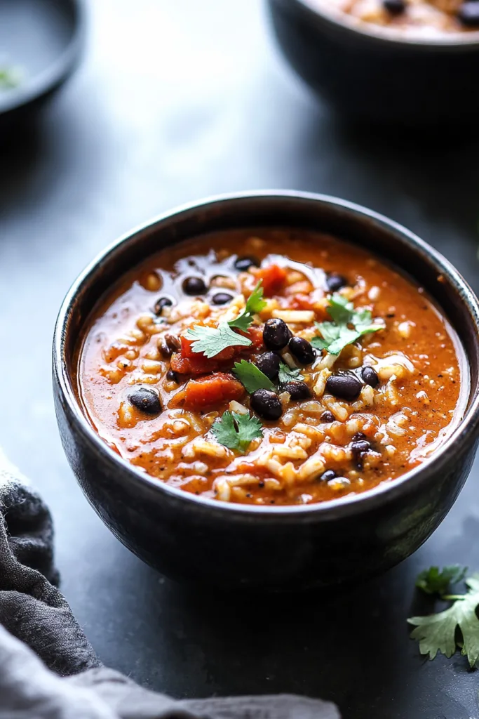 Comforting chicken and rice dish served in a dark bowl with vibrant toppings.