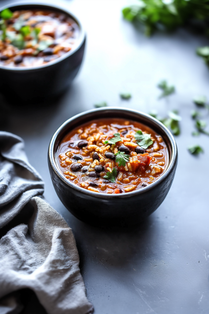 Hearty bowl of beans, rice, and chicken topped with fresh cilantro.
