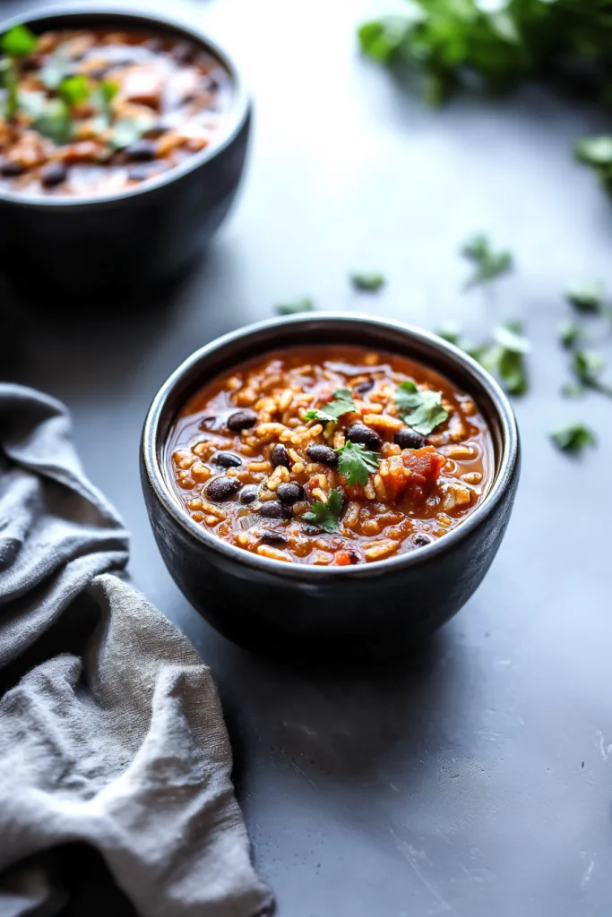 Hearty bowl of beans, rice, and chicken topped with fresh cilantro.