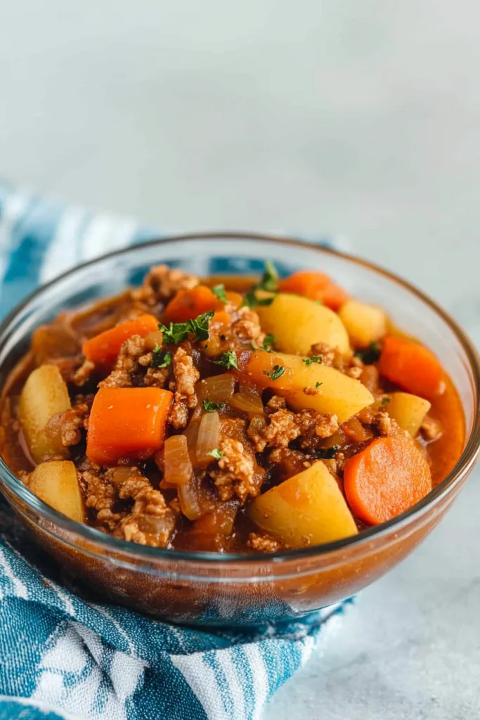 Warm stew served in a clear bowl on a striped cloth.