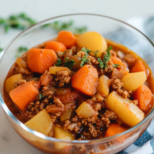 Rustic dish with savory meat sauce and colorful vegetable pieces.