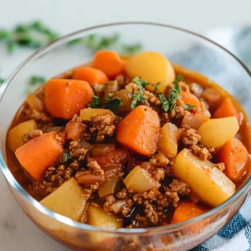 Rustic dish with savory meat sauce and colorful vegetable pieces.
