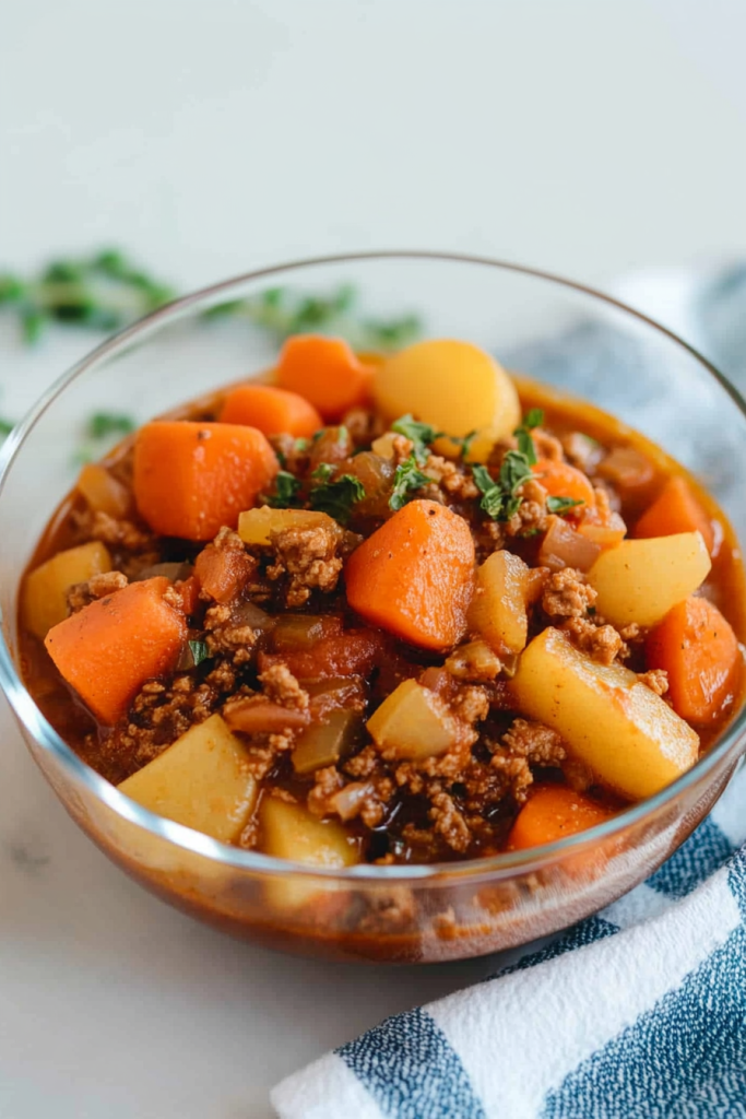 Rustic dish with savory meat sauce and colorful vegetable pieces.