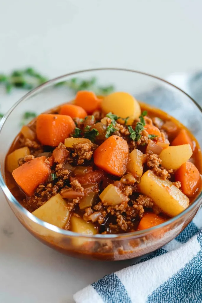 Rustic dish with savory meat sauce and colorful vegetable pieces.