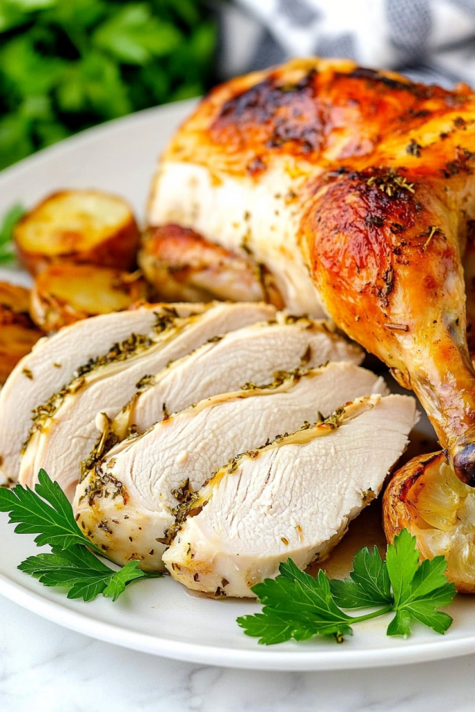 Sliced roasted chicken breast served with crispy golden potatoes and fresh parsley garnish.
