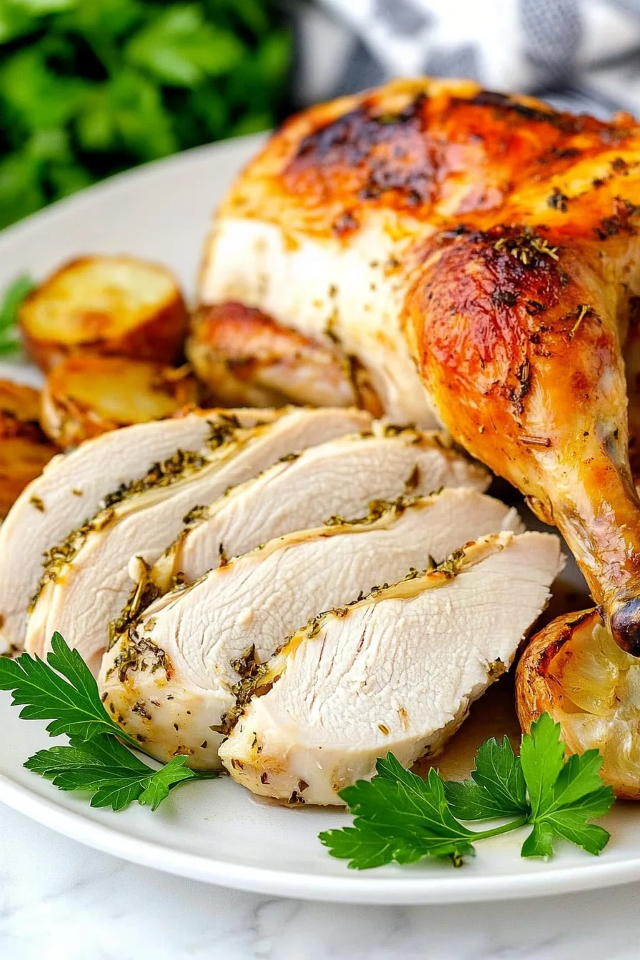 Sliced roasted chicken breast served with crispy golden potatoes and fresh parsley garnish.