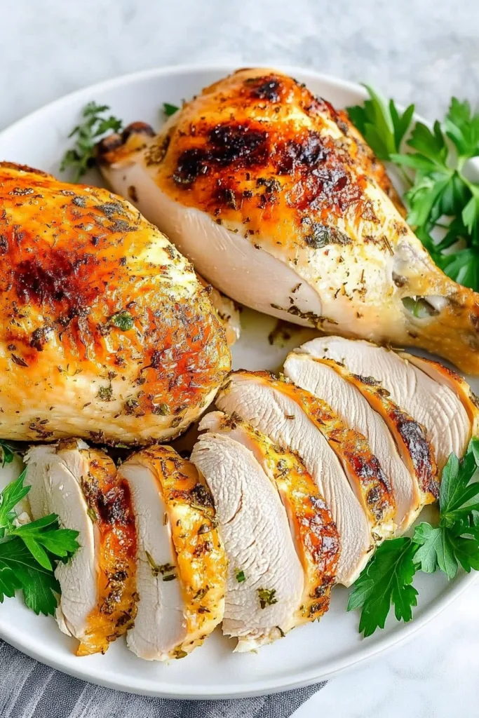 Juicy oven-roasted chicken with crispy skin arranged on a white serving platter.