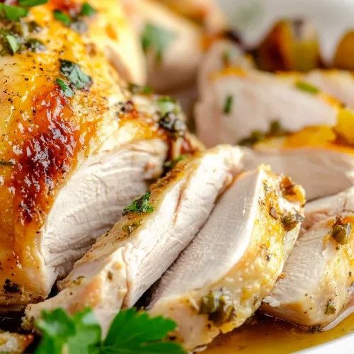Herb-seasoned roasted chicken carved into thick slices for an easy family dinner.