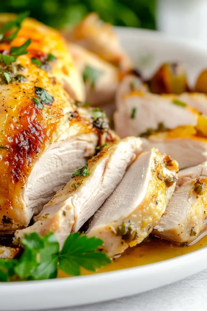 Herb-seasoned roasted chicken carved into thick slices for an easy family dinner.
