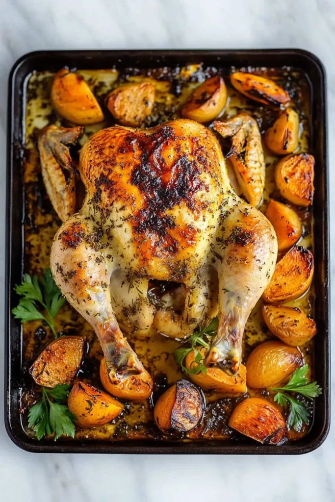 Golden brown roasted poultry served with roasted potatoes and fresh green herbs.