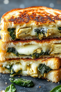Toasted cheese sandwich with creamy spinach mixture and perfectly crisp golden bread slices.