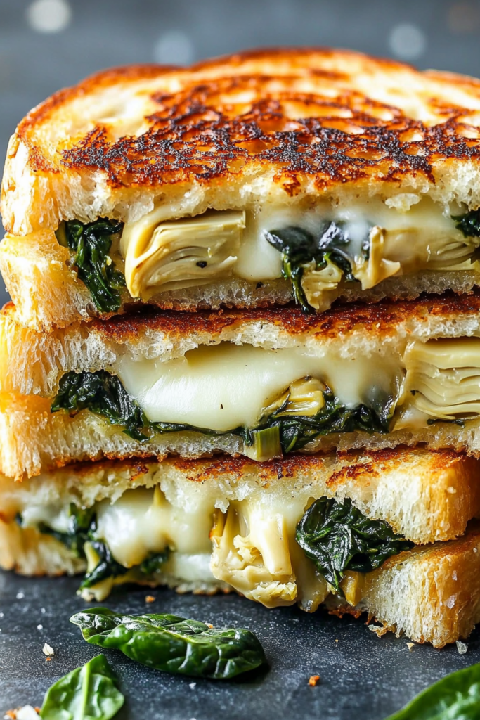 Toasted cheese sandwich with creamy spinach mixture and perfectly crisp golden bread slices.