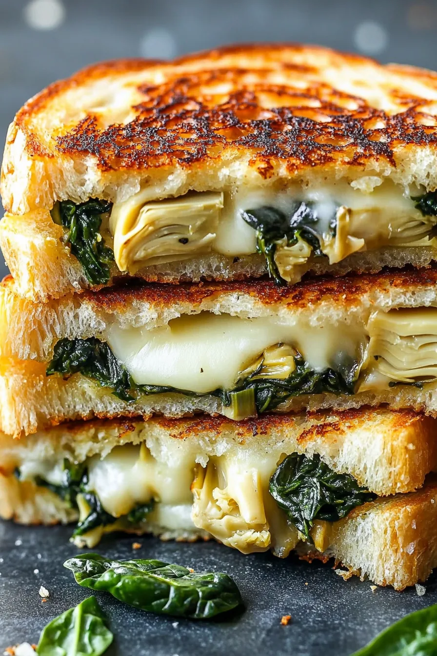 Toasted cheese sandwich with creamy spinach mixture and perfectly crisp golden bread slices.