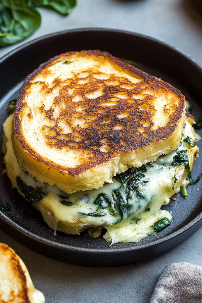 Crispy golden grilled sandwich filled with creamy spinach and melted cheese on toasted bread.