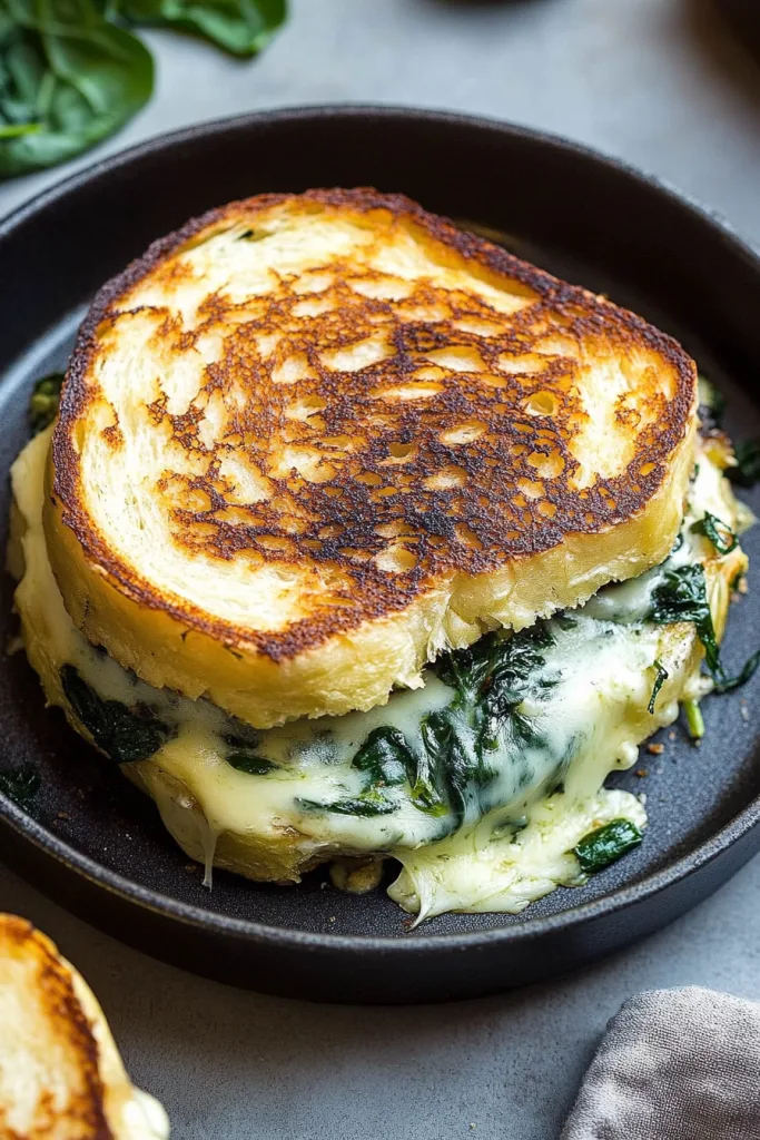 Crispy golden grilled sandwich filled with creamy spinach and melted cheese on toasted bread.