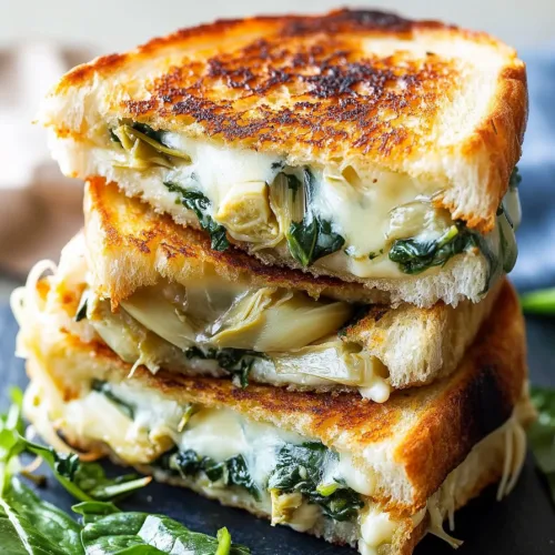 Rustic grilled sandwich with crispy bread and a rich, creamy spinach filling fresh from the pan.