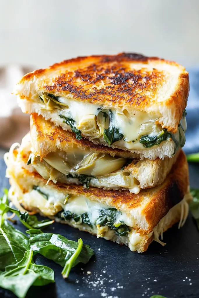 Rustic grilled sandwich with crispy bread and a rich, creamy spinach filling fresh from the pan.