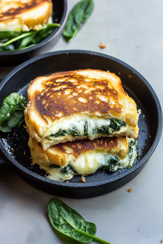 Golden pan-toasted sandwich with creamy greens and melted cheese stretching from the center.