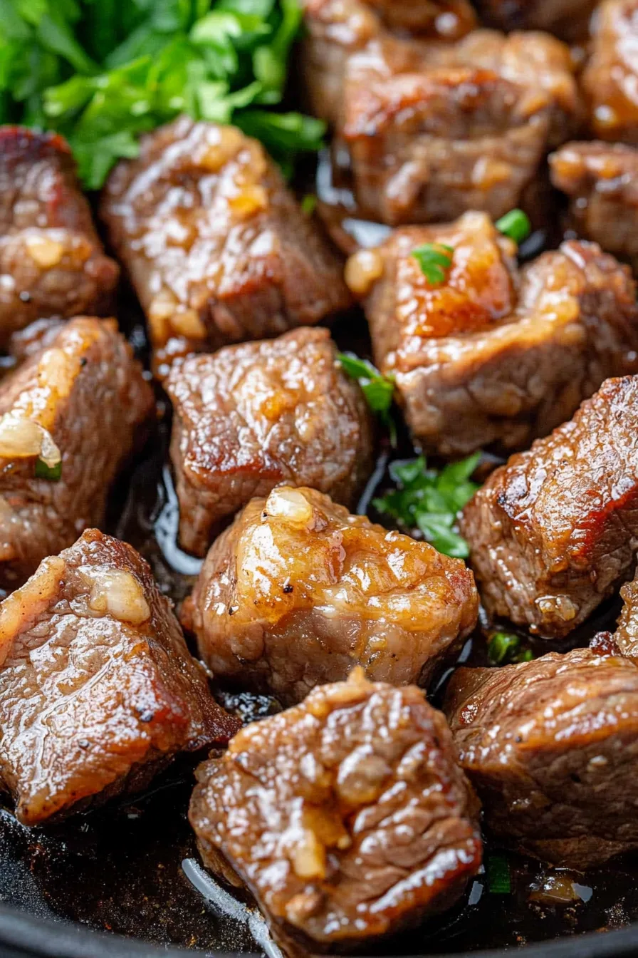 Juicy steak pieces caramelized on the outside, sprinkled with minced garlic.
