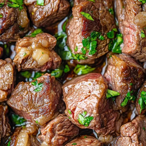 Tender steak bites served hot, glossy with butter and garlic.