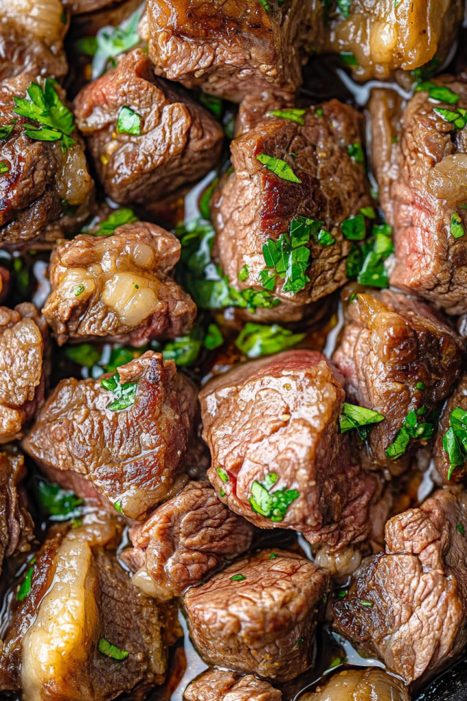 Tender steak bites served hot, glossy with butter and garlic.
