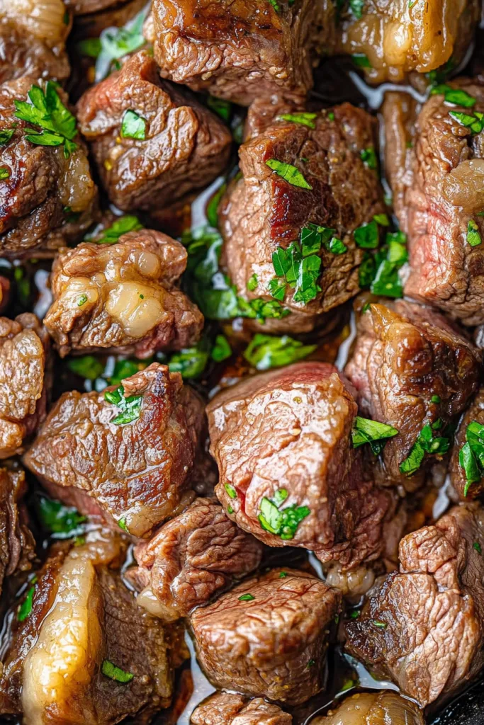 Tender steak bites served hot, glossy with butter and garlic.