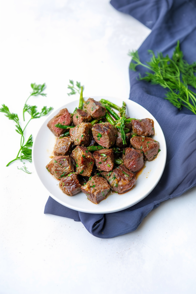 Rustic platter of bite-sized beef cubes topped with fresh herbs.