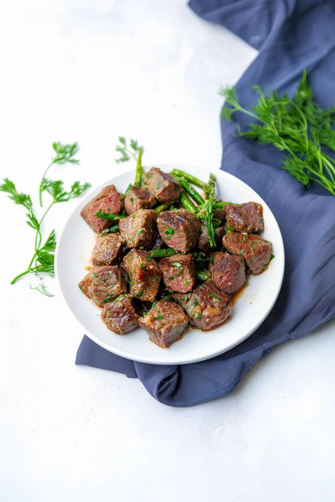 Rustic platter of bite-sized beef cubes topped with fresh herbs.