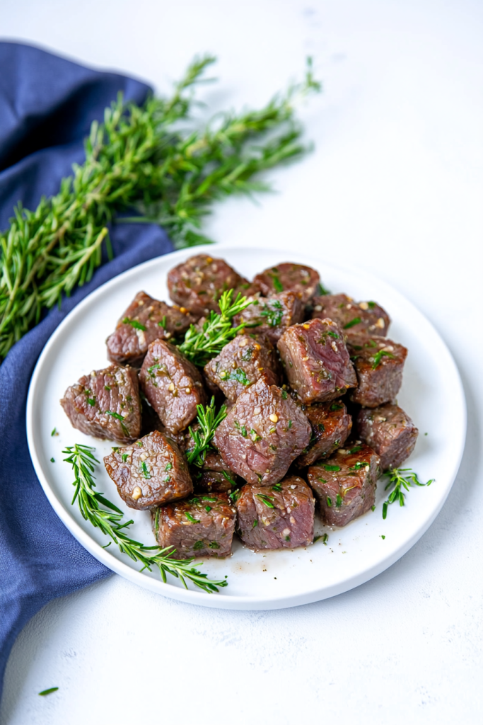 Golden-brown steak cubes glistening with melted butter and fresh herbs."