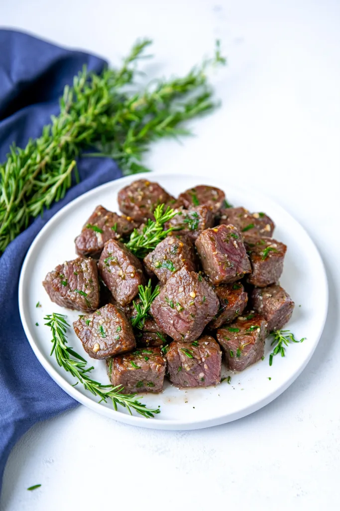 Golden-brown steak cubes glistening with melted butter and fresh herbs."