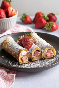 Close-up of golden toast rolls topped with whole strawberries and sweet filling inside.