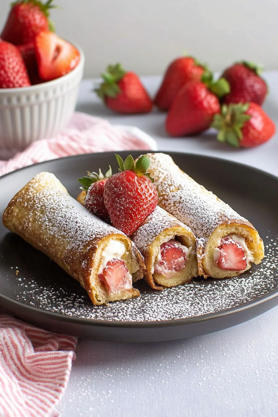 Close-up of golden toast rolls topped with whole strawberries and sweet filling inside.