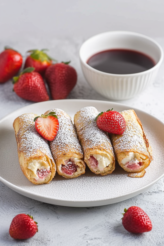 Plate of strawberry-filled toast roll ups with a sprinkle of sugar and berry garnish.