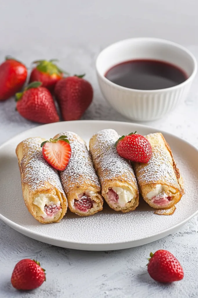 Plate of strawberry-filled toast roll ups with a sprinkle of sugar and berry garnish.