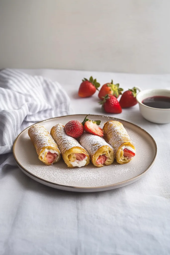 Breakfast rolls stuffed with cream cheese and strawberries, served with extra berries on the side.