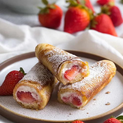 Rolled French toast filled with fresh strawberries and cream, dusted with powdered sugar.