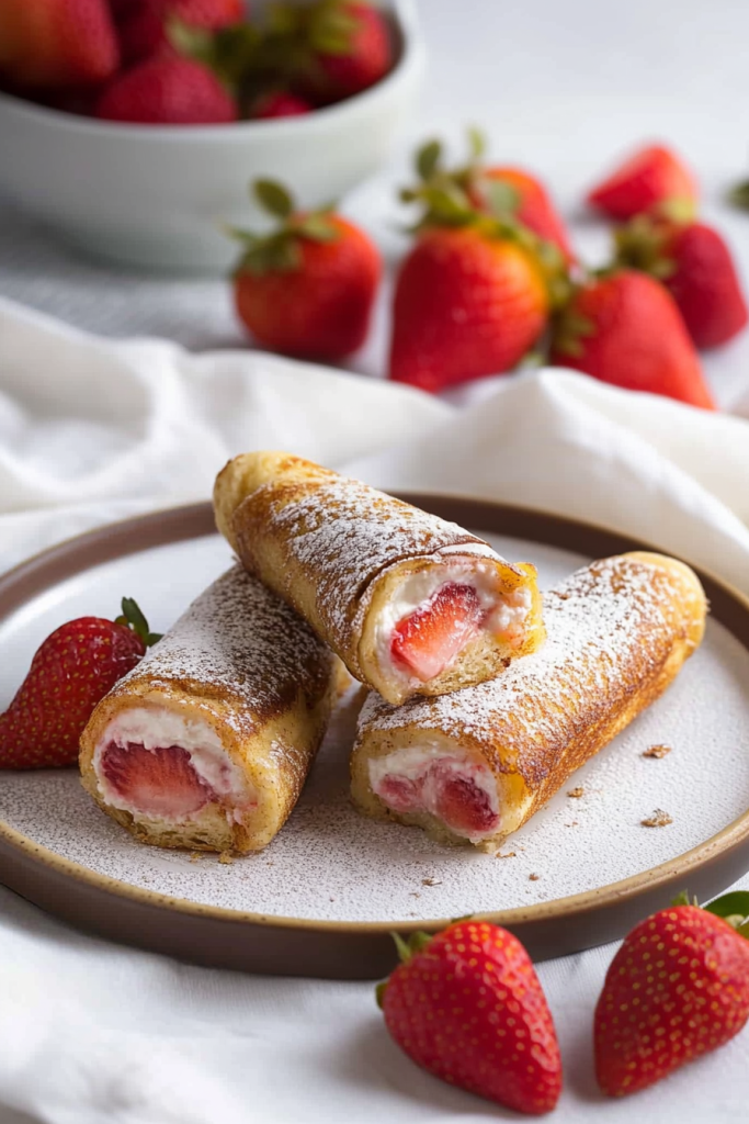 Rolled French toast filled with fresh strawberries and cream, dusted with powdered sugar.