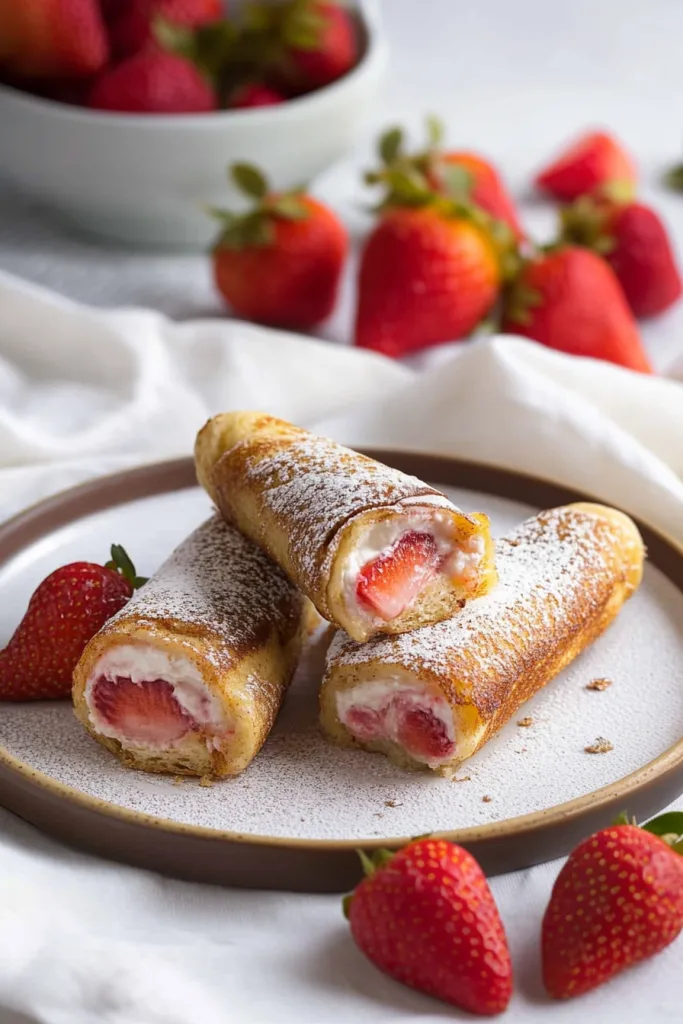 Rolled French toast filled with fresh strawberries and cream, dusted with powdered sugar.