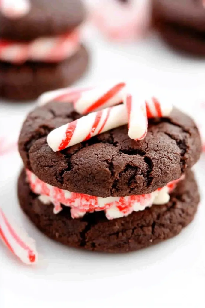 Close-up of a chocolate cookie sandwich with creamy peppermint filling and candy cane garnish.
