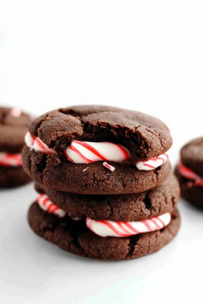 Chocolate cookie sandwich with crushed peppermint mixed into the creamy center, creating a festive look.