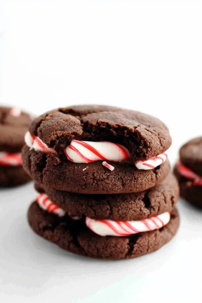 Chocolate cookie sandwich with crushed peppermint mixed into the creamy center, creating a festive look.