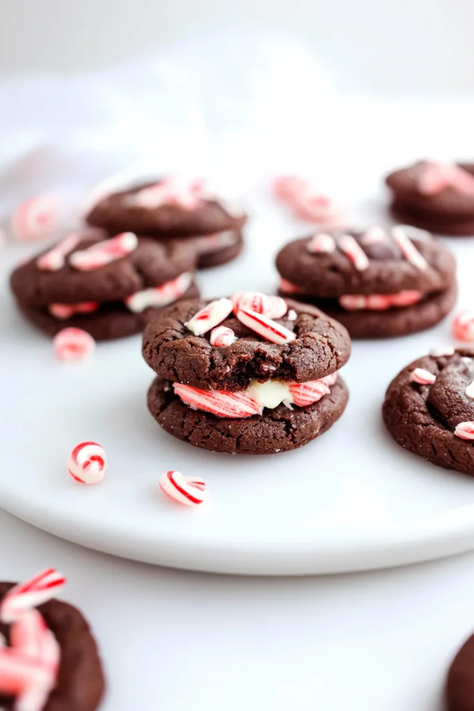Cookie sandwich topped with striped candy canes, surrounded by scattered peppermint pieces.